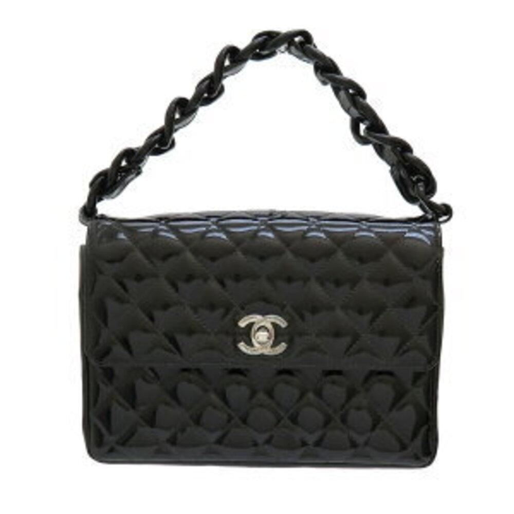 CHANEL Matelasse Chain Handbag Patent Vernis Leather Black